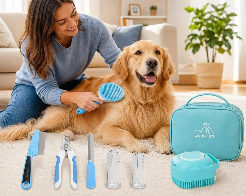 Professional pet grooming kit with deshedding brush, nail clipper, nail grinder, grooming comb, and accessories displayed beside a Golden Retriever during home grooming.