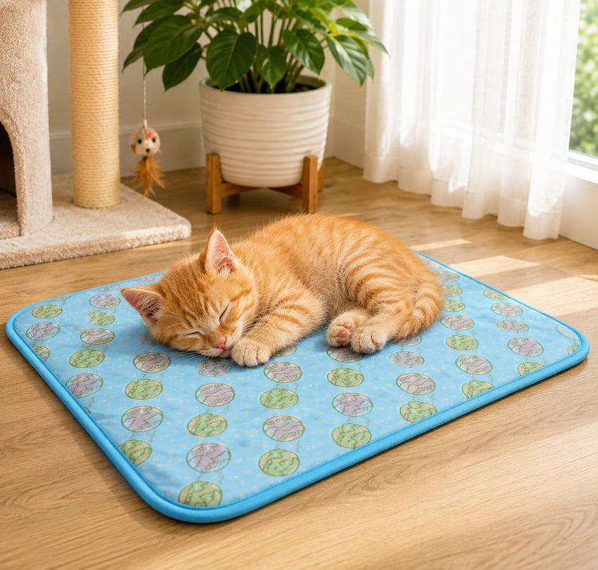 Orange kitten sleeping comfortably on a blue pet cooling mat placed on a wooden floor in a bright indoor room.