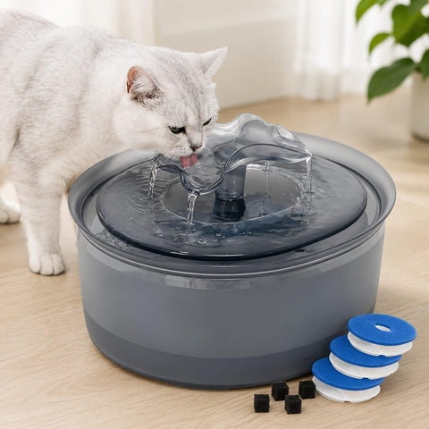 Automatic pet water fountain with flowing filtered water for cats, featuring replacement filters and a quiet circulating pump.