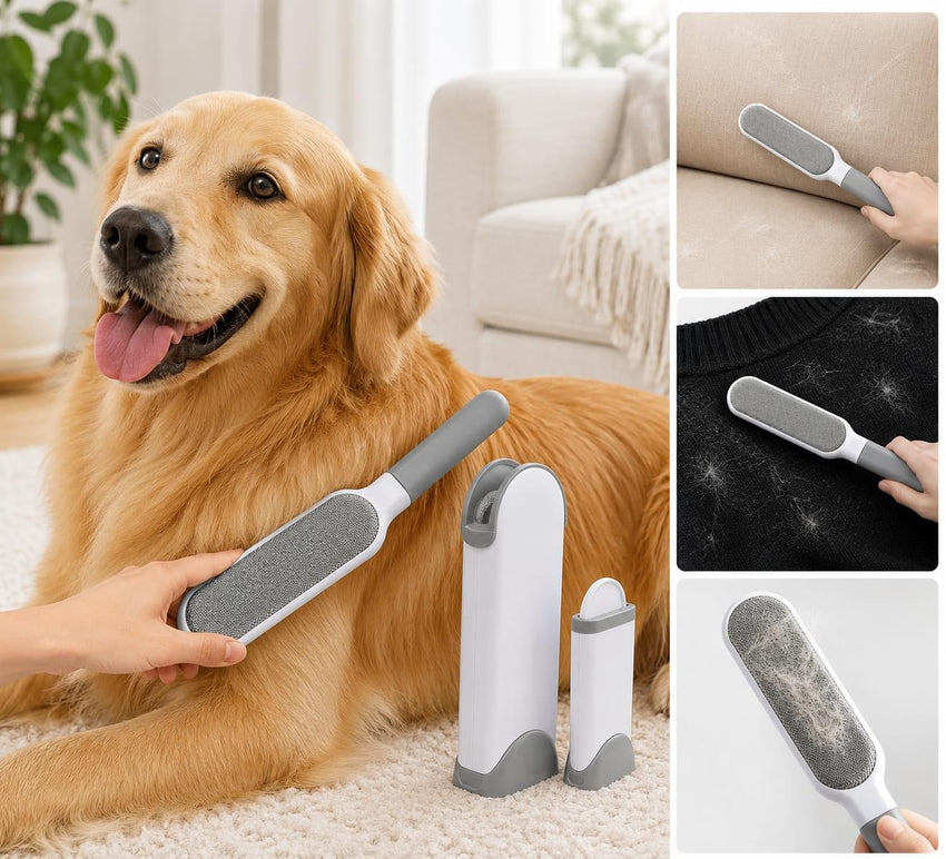 Golden Retriever being groomed with a reusable self-cleaning pet hair remover brush, designed to remove dog fur from furniture, clothing, carpets, and upholstery.