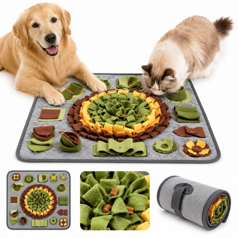 Interactive snuffle mat for dogs and cats with multiple treat-hiding pockets, designed for slow feeding, mental enrichment, and indoor pet training.