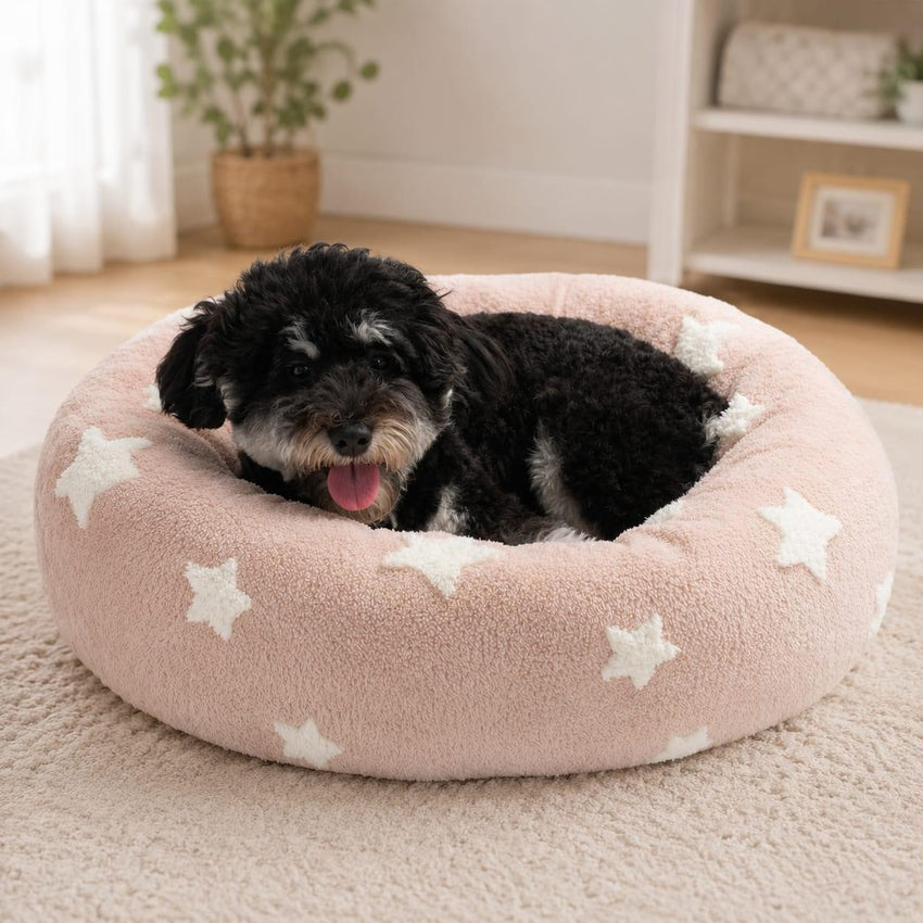 Soft plush calming pet bed for dogs and cats with raised edges